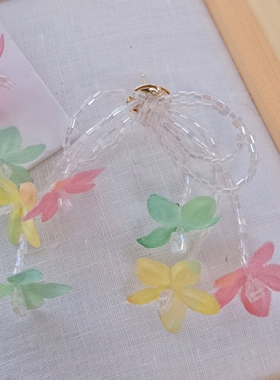 日系甜美森系田园风串珠与布艺手染花耳钉耳夹发夹胸针蝴蝶结透粉