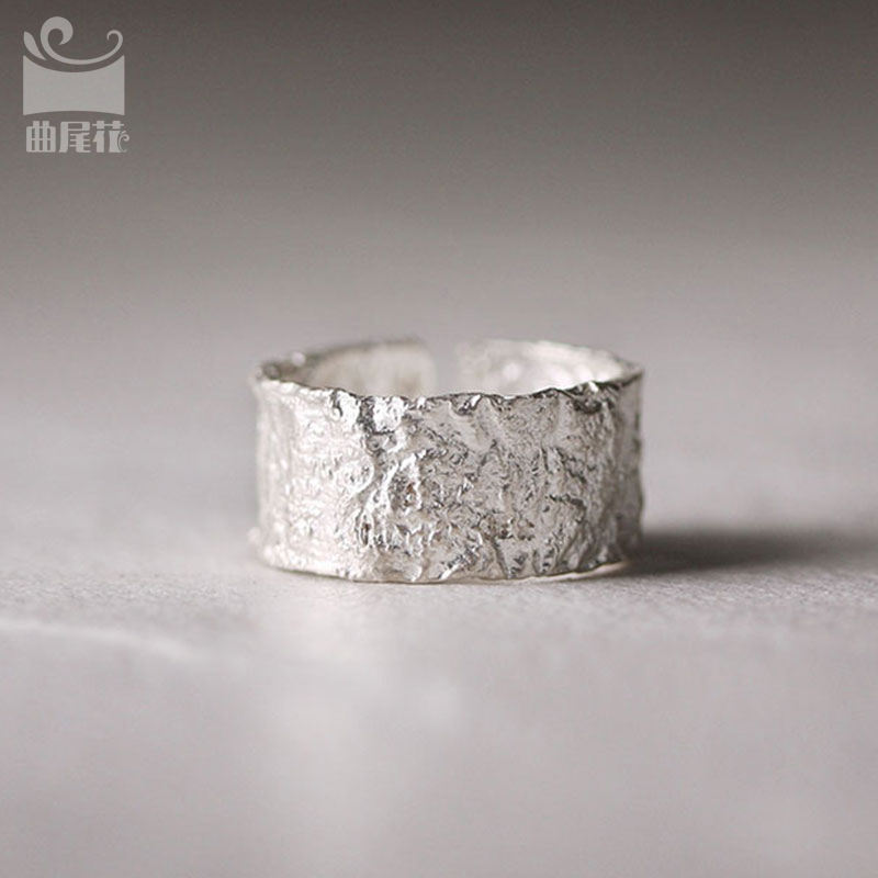 非鱼之家原创个性宽银戒指女 手工开口可调素戒ins肌理磨砂尾戒男 - 图0