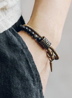 原创设计双圈黑曜石潮铜珠子手链