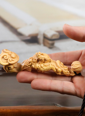 黄杨木中式金蟾如意盘玩摆件