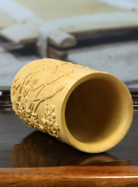 小叶黄杨木雕刻鸟语花香笔筒家居饰品办公书桌工艺品中式文玩摆件