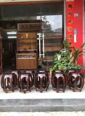 老挝大红酸枝木鼓凳圆凳子交趾黄檀鼓凳红木实木凳黑飘红榫卯结构