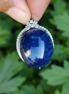 天然蓝宝石吊坠纯银镶嵌原石无烧
