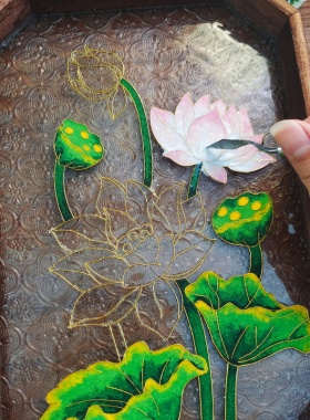 非遗手工掐丝珐琅画diy材料茶盘景泰蓝海棠花玻璃托盘羊年礼物