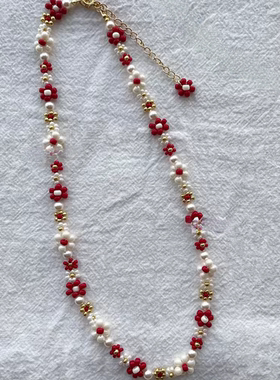 FELIX 原创手作红色花朵串珠项链手链个性配饰礼物女