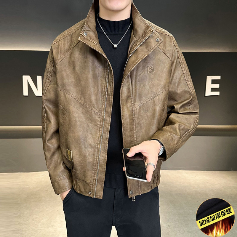 美式复古做旧皮夹克男士百搭帅气机车夹克立领宽松休闲皮衣外套,淘宝优惠券,粉丝福利购,淘宝优惠卷