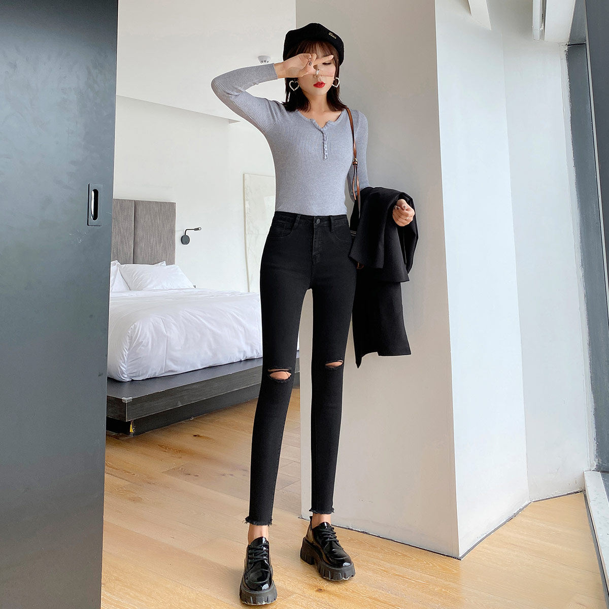 真维斯秋季新品韩版高腰显瘦牛仔裤 真维斯时尚牛仔裤