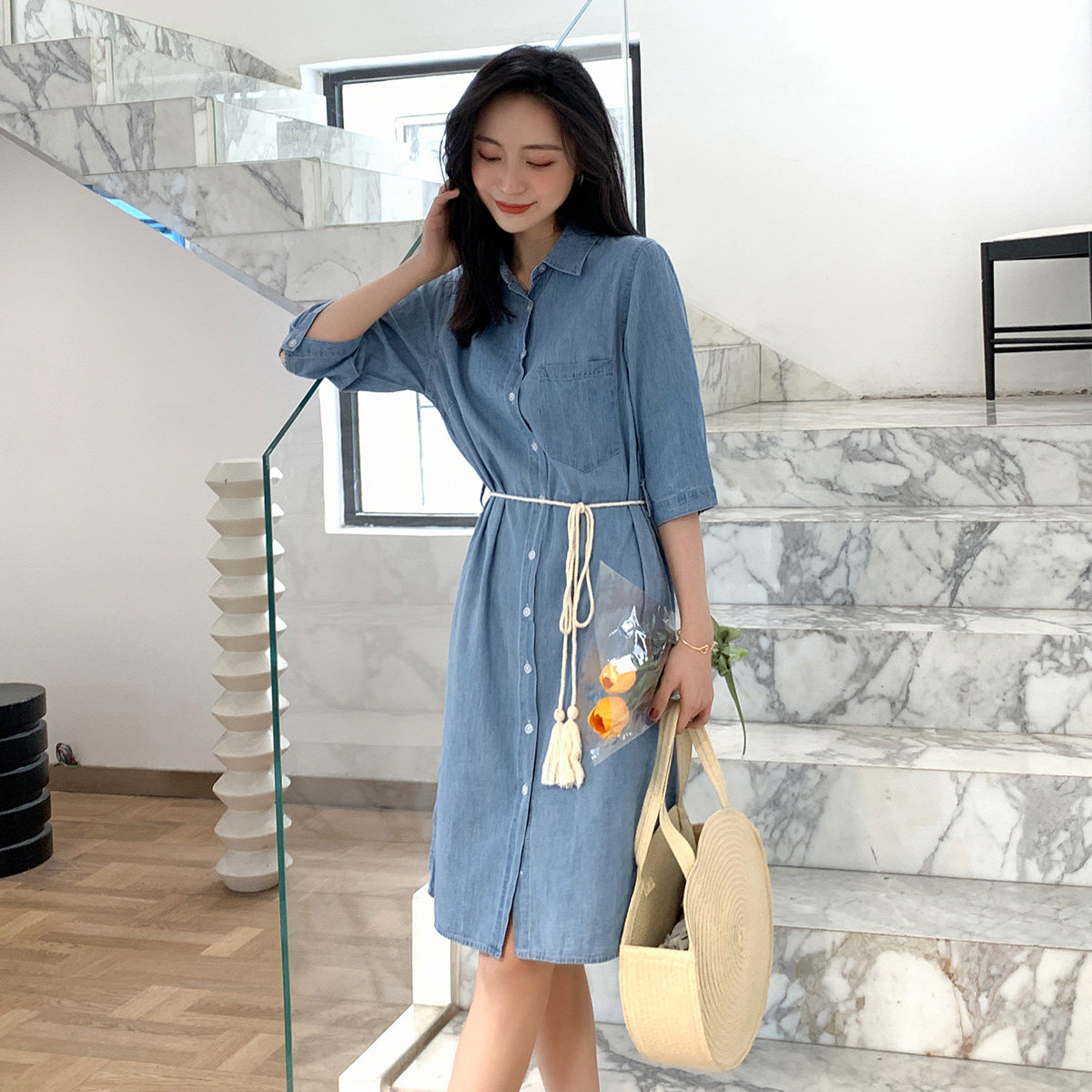 真维斯系绳显瘦2020秋装宽松连衣裙 真维斯时尚连衣裙