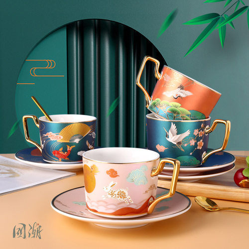 中国风下午茶杯带杯碟勺子国潮咖啡杯碟套装New Style Coffee Mug - 图0