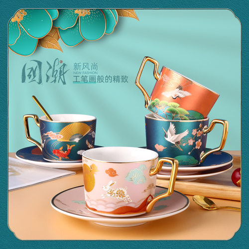 中国风下午茶杯带杯碟勺子国潮咖啡杯碟套装New Style Coffee Mug - 图2