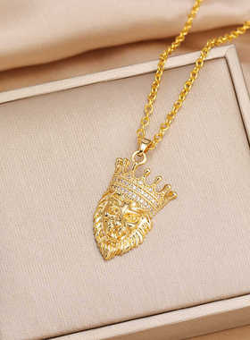 钛钢霸气镶钻狮头王冠项链高端精致时尚女锁骨链衬衫百搭吊坠配饰