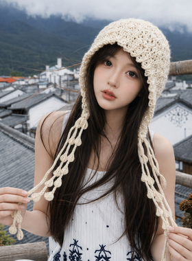 川西红色勾花护耳针织帽女大头围