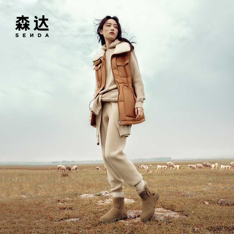 森达雪地靴女靴冬季新商场同款羊毛一体保暖毛绒短靴棉鞋XDV01