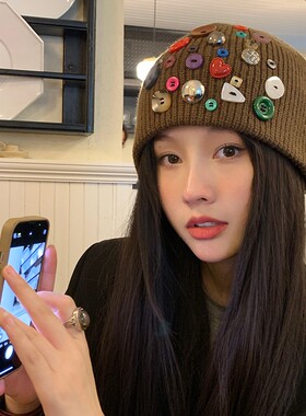 毛线帽街头日系女秋冬季彩色扣子