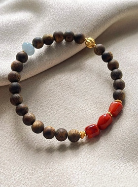 原创设计天然奇楠沉香搭配随形南红单圈手串
