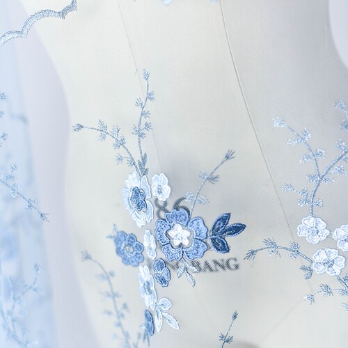 多色立体刺绣蕾丝花边辅料婚纱礼服手工diy面料服装演出服布料蓝 - 图0