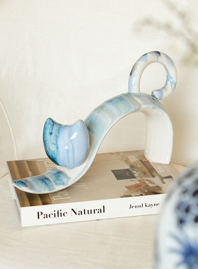 传统窑变釉瓷，创意猫咪摆件