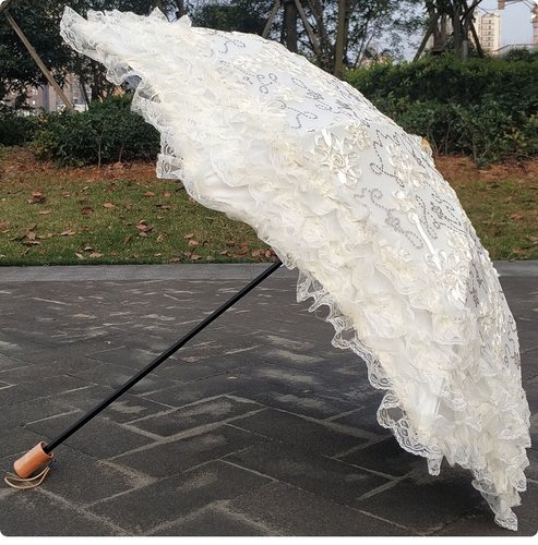 蕾丝刺绣花亮片黑胶二折防紫外线遮阳太阳伞公主晴雨伞洋伞粉红色-图2