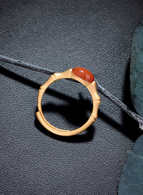 新款开口可调节 南红竹节戒指女款金色简约中国风食指指环女手饰