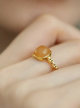 新中式国潮镀金戒指女高级感小众设计方糖开口调节食指戒宫廷饰品