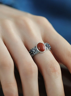 S925银复古做旧景泰蓝南红戒指