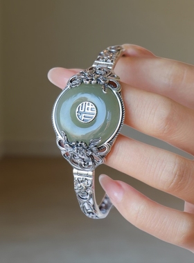 S925银复古做旧福字平安扣牡丹花手镯女中国风高级感开口手环手链