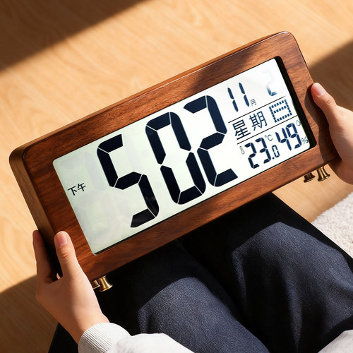 复古实木桌面电子时钟表摆台式数字显示闹钟2026中古座钟摆件客厅 - 图3