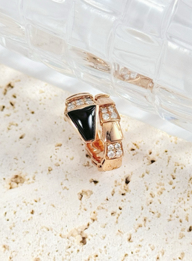 Bvlgari宝格丽L号玫瑰金宽版镶钻缟玛瑙蛇头戒指 正品保真