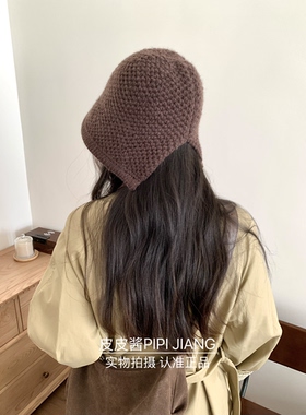 升级款～日系大头针织后开叉渔夫帽女秋冬季复古时髦简约系带盆帽