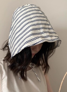 【清新韩女】系带条纹渔夫帽女夏透气薄款时髦复古森系后开叉帽子