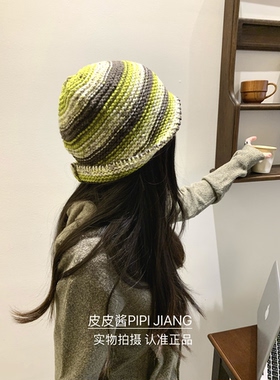 韩系条纹针织渔夫帽女秋季显脸小