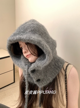 高级ins长绒羊毛针织拉法帽女秋冬复古文艺保暖护耳法式连帽围脖