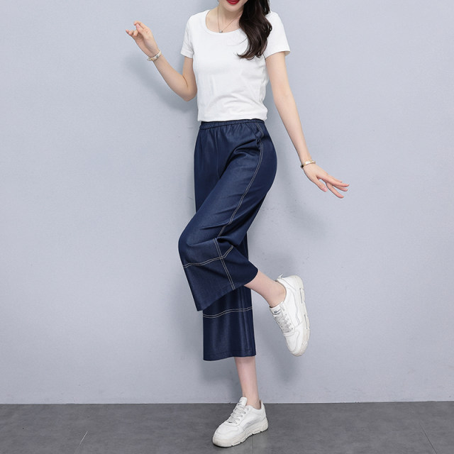 Denim ສີ retro soft denim pants ຂາກ້ວາງສໍາລັບແມ່ຍິງ summer ບາງ