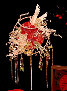 结婚秀禾喜扇重工新娘团扇diy材料包 香槟色扇子中式出嫁手工成品