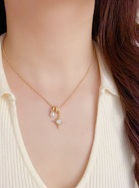 欧美复古镶钻锆石八芒星珍珠项链轻奢高端小众级设计感精致锁骨颈