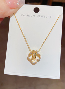 欧美复古微镶钻锆石蛮腰四叶草花项链轻奢高端小众级设计感锁骨颈