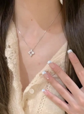 意大利中古拉丝四叶草项链镶钻轻奢高端小众级感百搭气质锁骨颈链