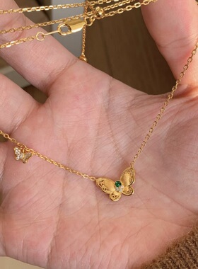 意大利拉丝中古镂空蝴蝶项链绿钻锆石轻奢高端小众级感百搭锁骨颈