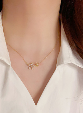 新中式国风镶钻锆石花朵轻奢高端小众级设计感精致气质锁骨颈链潮