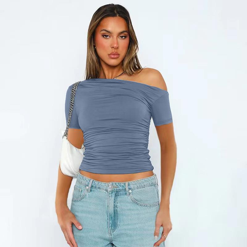 women for T-shirt top button belly gathered sleeves short - 图3