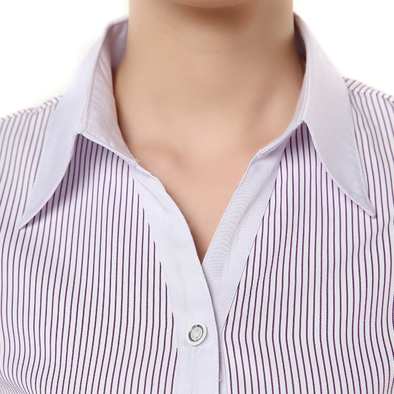 竖条纹职业衬衫女短袖夏大码半袖蓝紫色寸工作服正装工装衬衣上衣-图1