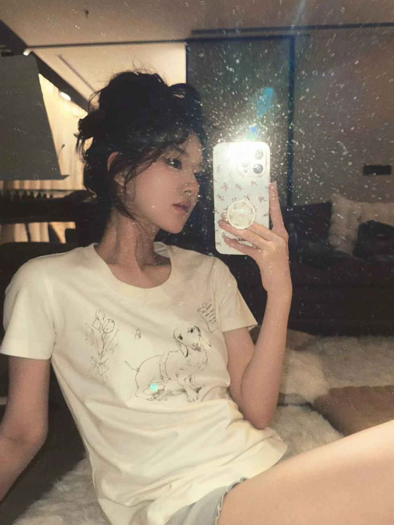 赵露思Rosy明星同款白色小狗印花甜美短袖t恤女修身显瘦短款上衣 - 图2