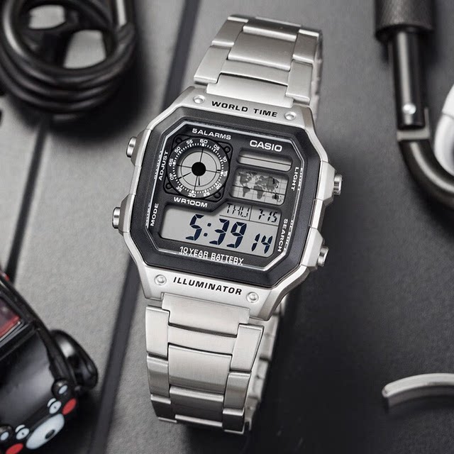 Casio watch men's canvas steel strap waterproof luminous retro small square model AE-1200WHB-3B
