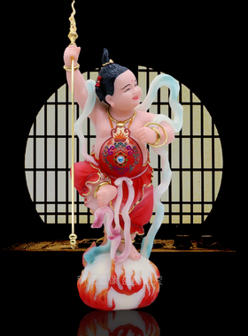 哪吒三太子汉白玉彩绘佛像摆件