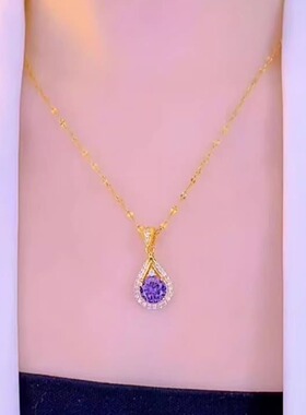 钛钢嘴唇链女紫色水滴项链锁骨链