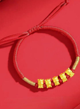 新款24K黄金五福小马手链手绳女款仿金包银本命年生肖马红绳手串