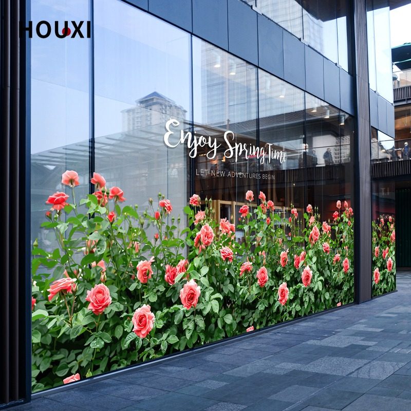 玫瑰花玻璃贴纸商场服装店橱窗底纹春天氛围装饰布置静电无胶贴膜,淘宝优惠券,粉丝福利购,淘宝优惠卷