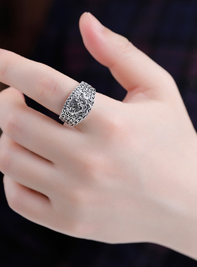 男足银复古做旧饕鬄戒指