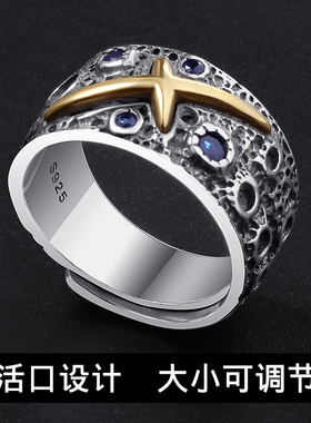 纯银戒指冷淡风男士蓝宝石嘻哈潮