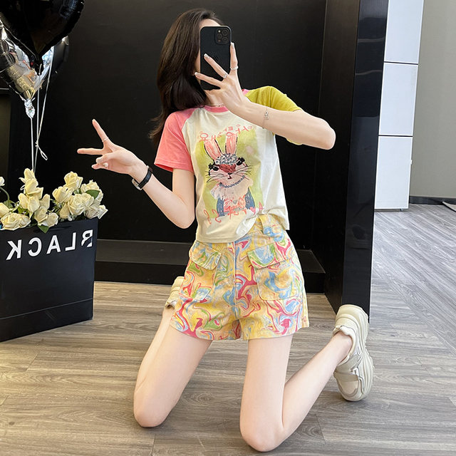 Contrast Color Fun Tight Short T-Shirt Women's Short Sleeve Summer